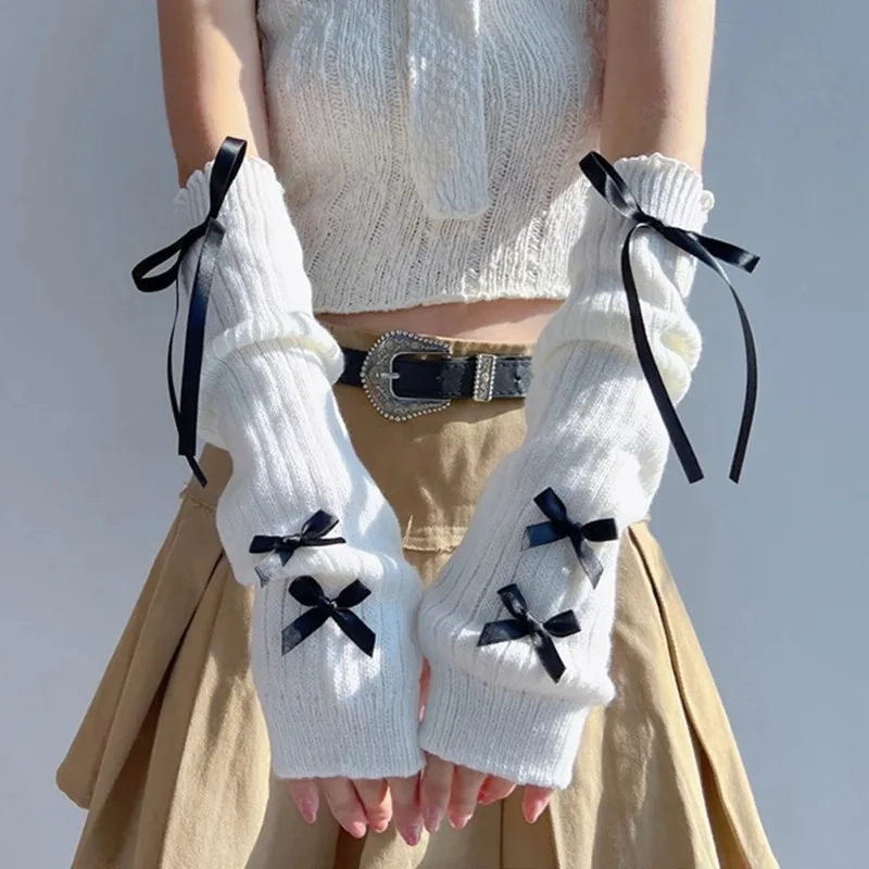 Women Fashion Gloves - 여성 Y2K 패션 암 워머 리본