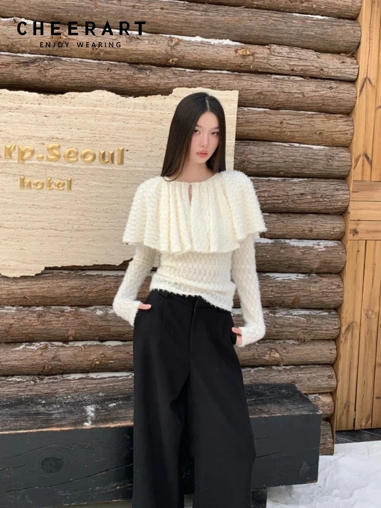 Women'S Fashion Designer Clothes - CHEERART 디자이너 망토 긴팔 니트 블라우스