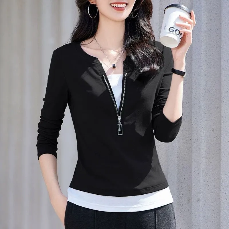 Women'S Fashion Quarter Zip - 여성 패션 브이넥 지퍼 긴팔 페이크