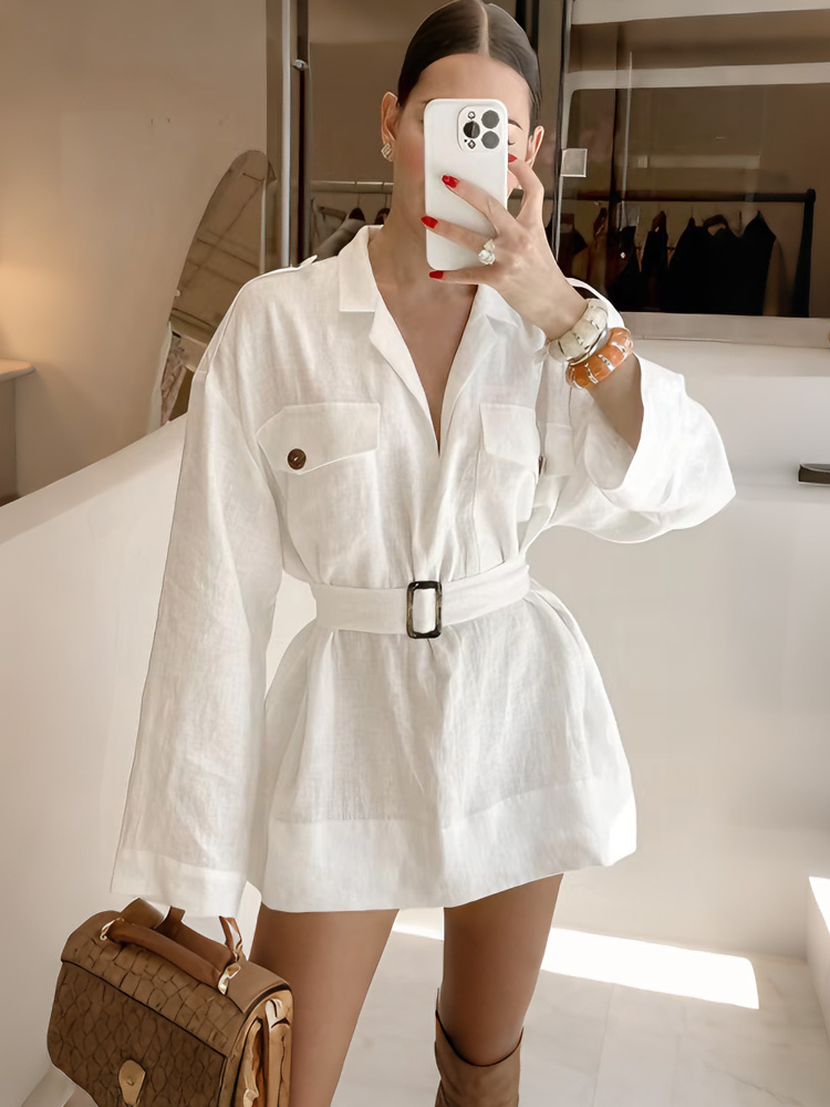 Women'S Fashion Utility Belt - 토시 화이트 린넨 2026 여름 드레스