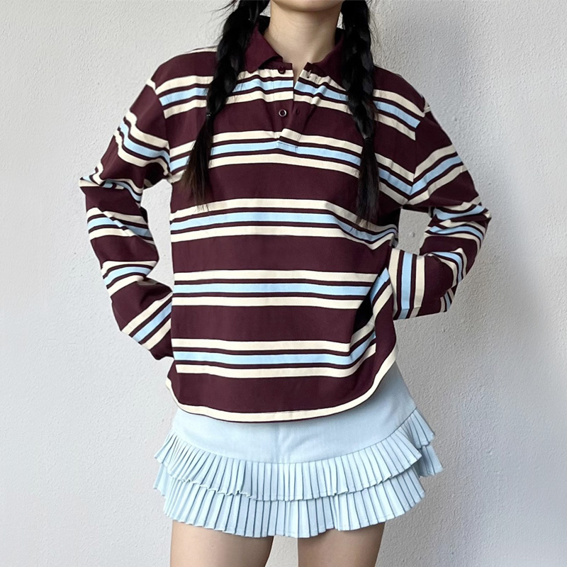 Women'S Fashion Rugby Top - 여성용 스트라이프 릴렉스 럭비 폴로 셔츠