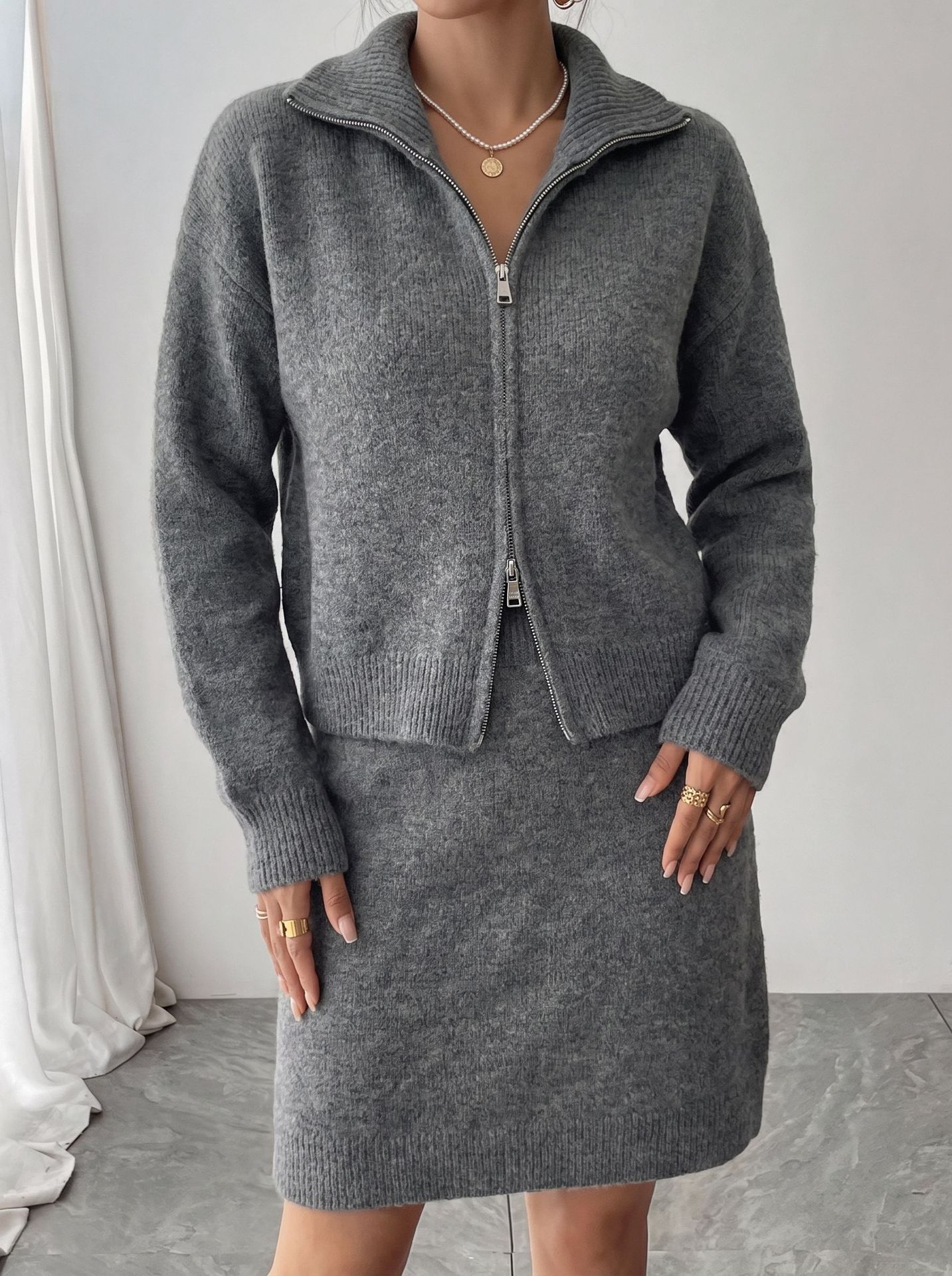 Women'S Fashion Quarter Zip - 초가을 우아한 니트 지퍼 트랙수트 여성용,