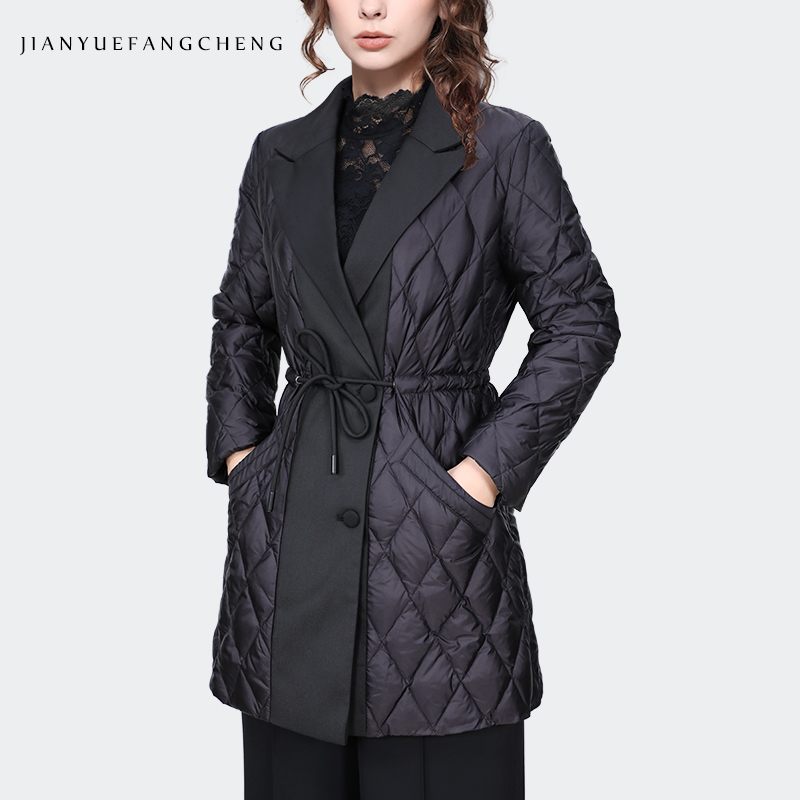 Women'S Fashion Quilted Jacket - 패션 라펠 칼라 여성용 블랙 롱
