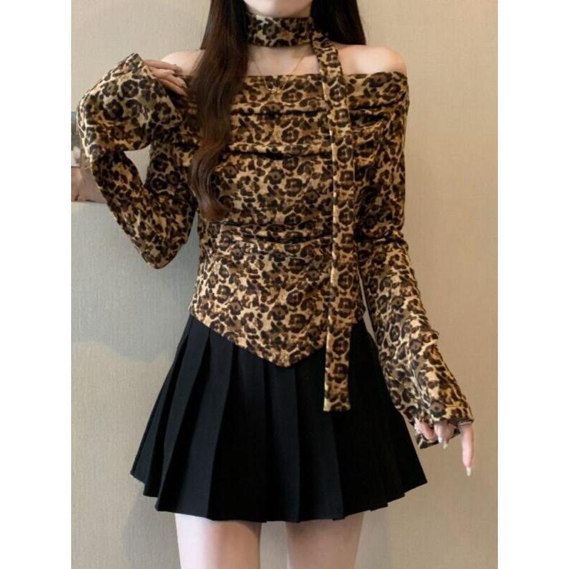 Women'S Fashion Designer Clothes - 레오파드 프린트 반팔 오프 숄더 리본