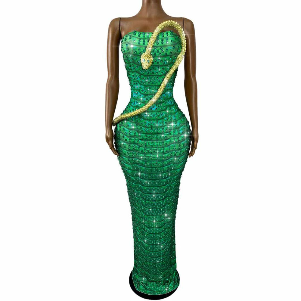 Women Fashion Designer Dresses Photos - 반짝이는 녹색 라인스톤 스네이크 디자인 튜브