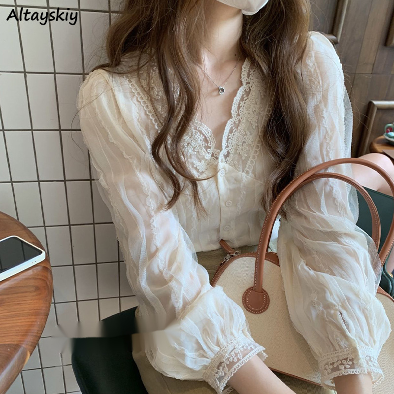 Women'S Fashion Designer Clothes - 여성 레이스 패치워크 패션 브이넥 올매치