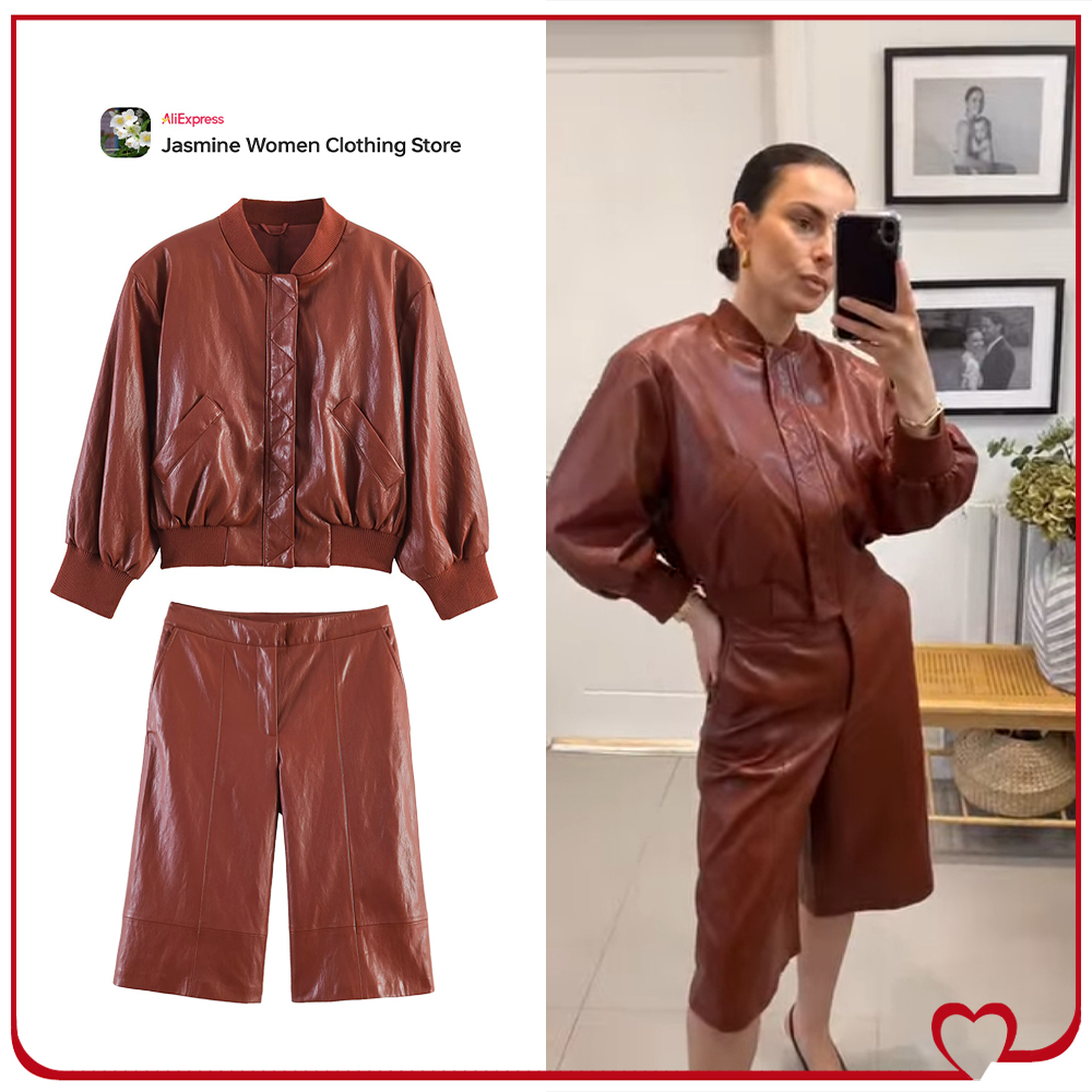 Women'S Fashion Quarter Zip - 패션 여성용 인조 가죽 숏 세트