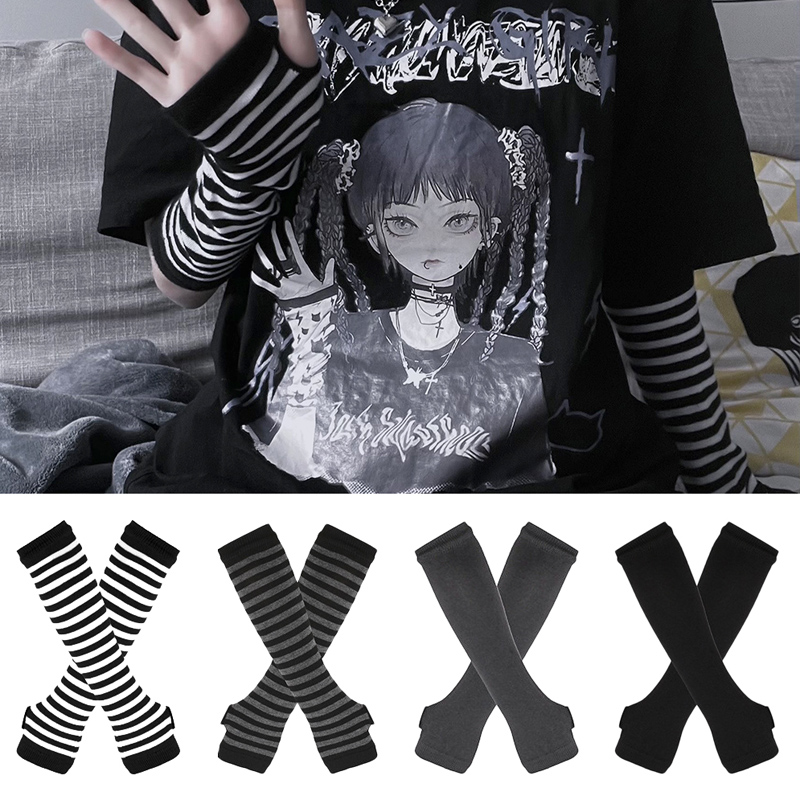 Women Fashion Gloves - 여성 긴 소매 고딕 스트라이프 핑거리스