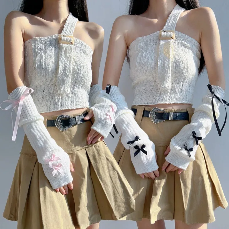 여성 Y2K 패션 암 워머 리본 장식 부드러운 니트 장 - Women Fashion Gloves 리뷰 및 가격