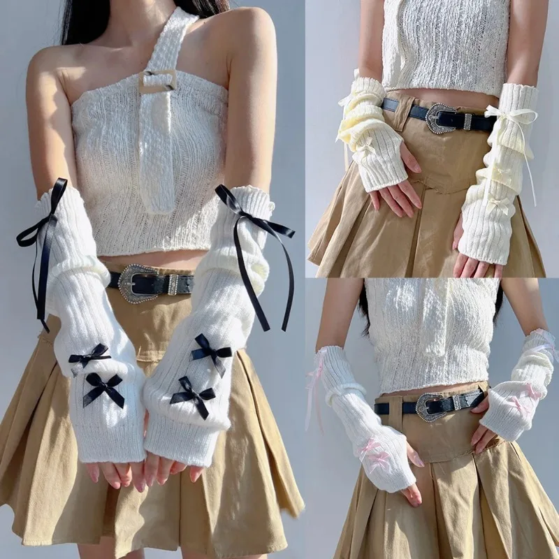 여성 Y2K 패션 암 워머 리본 장식 부드러운 니트 장 - Women Fashion Gloves 리뷰 및 가격