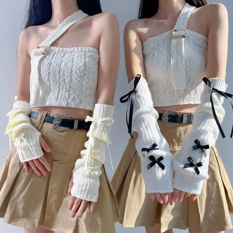 여성 Y2K 패션 암 워머 리본 장식 부드러운 니트 장 - Women Fashion Gloves 리뷰 및 가격
