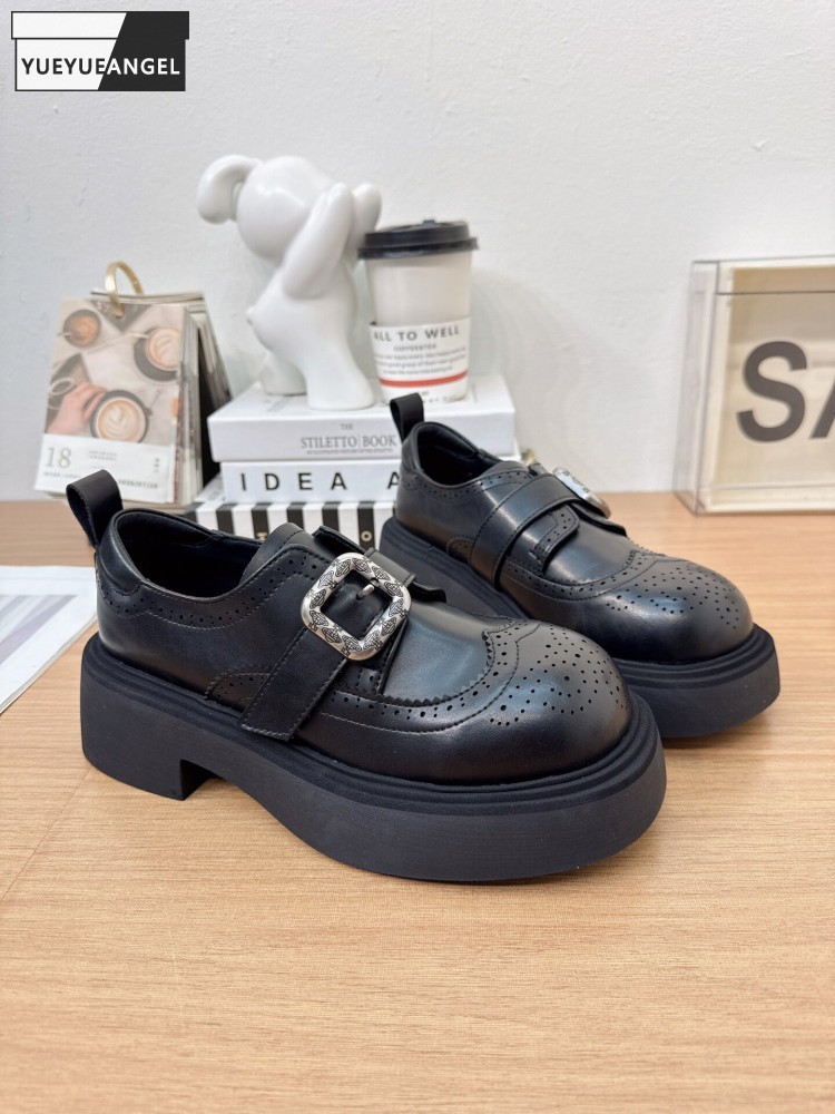 영국 스타일 솔리드 컬러 라운드 토 버클 정품 가죽 펌 - Sale Fashion Women 리뷰 및 가격