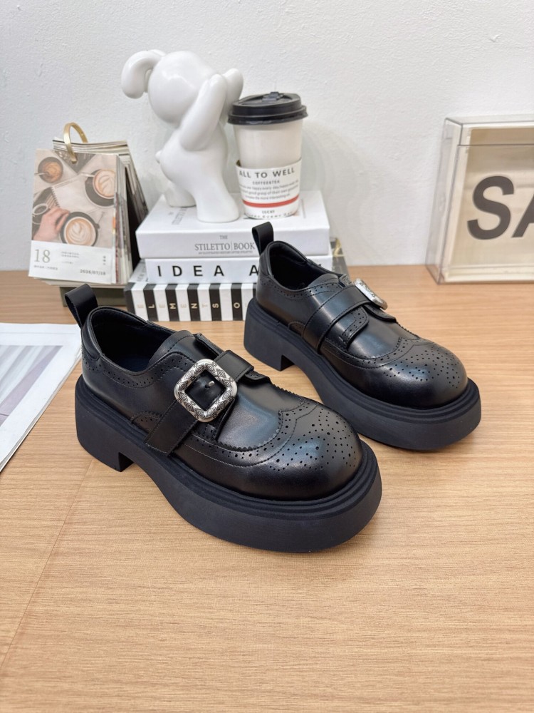 영국 스타일 솔리드 컬러 라운드 토 버클 정품 가죽 펌 - Sale Fashion Women 리뷰 및 가격