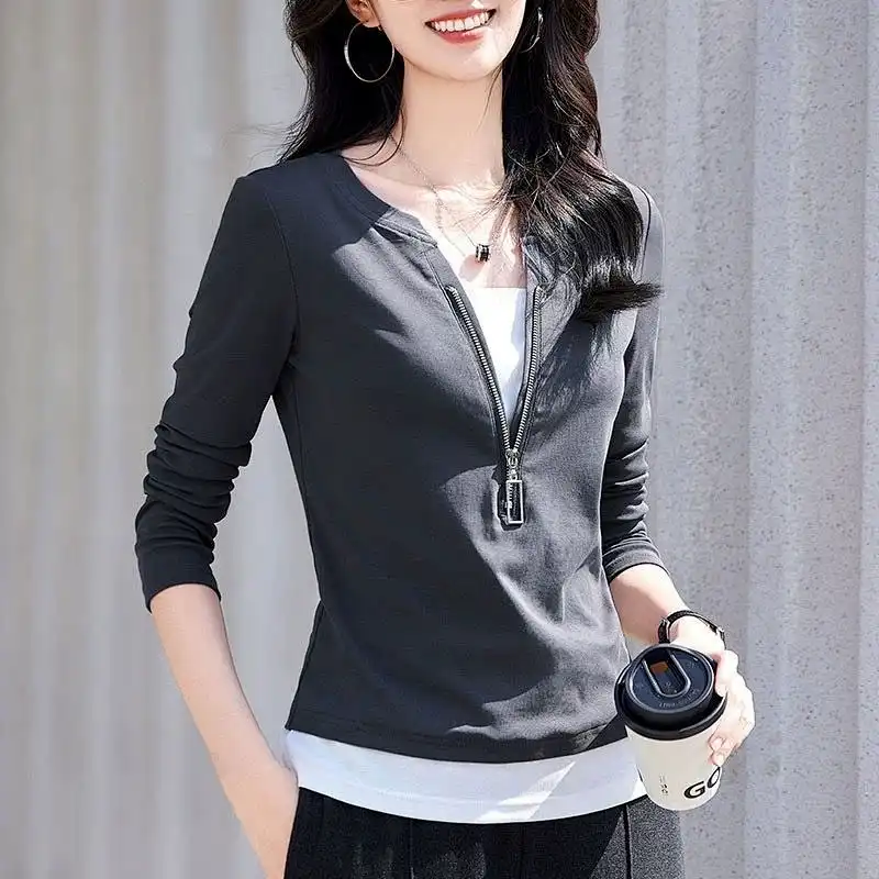여성 패션 브이넥 지퍼 긴팔 페이크 투피스 블라우스 2 - Women'S Fashion Quarter Zip 리뷰 및 가격
