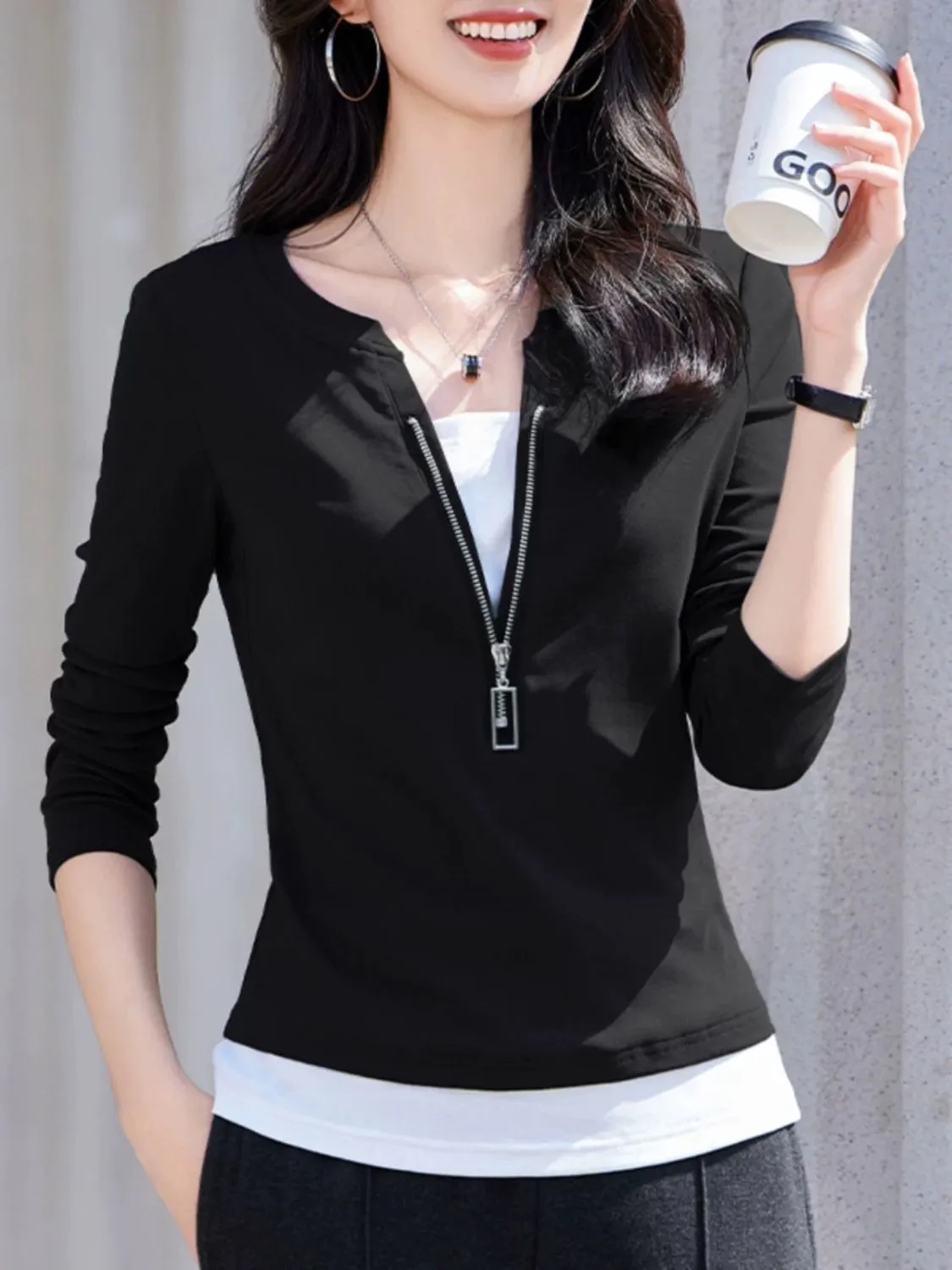 여성 패션 브이넥 지퍼 긴팔 페이크 투피스 블라우스 2 - Women'S Fashion Quarter Zip 리뷰 및 가격