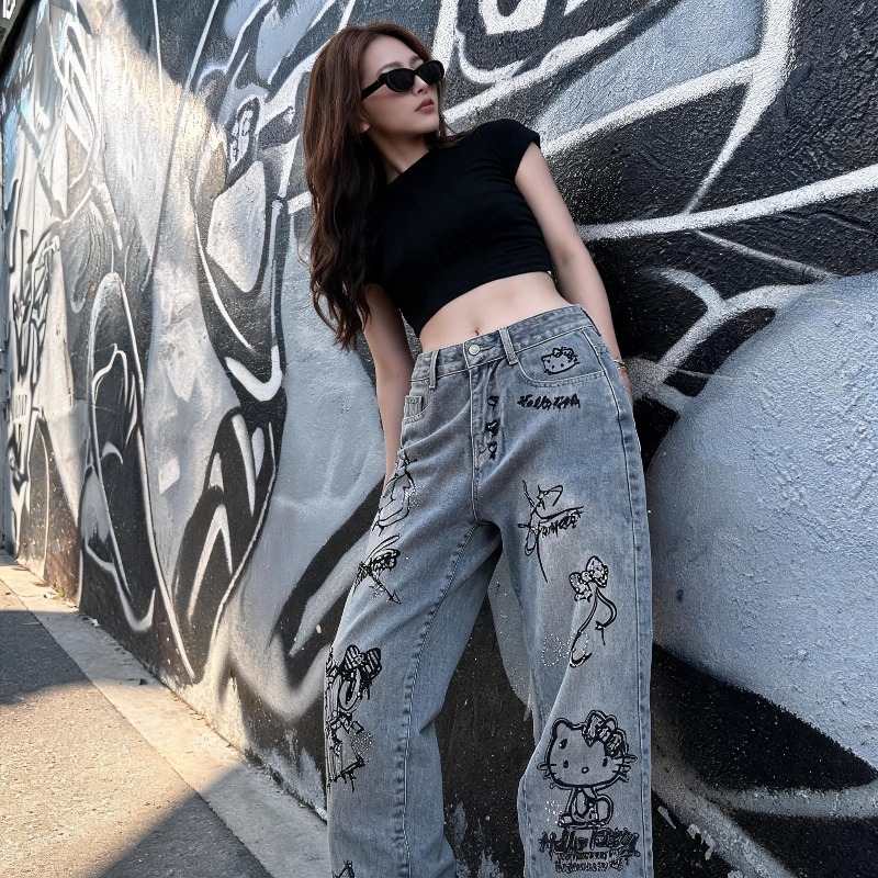 귀여운 케이오키티 라인스톤 그래피티 스트릿 Y2K 패션 - Xl Women'S Fashion 리뷰 및 가격