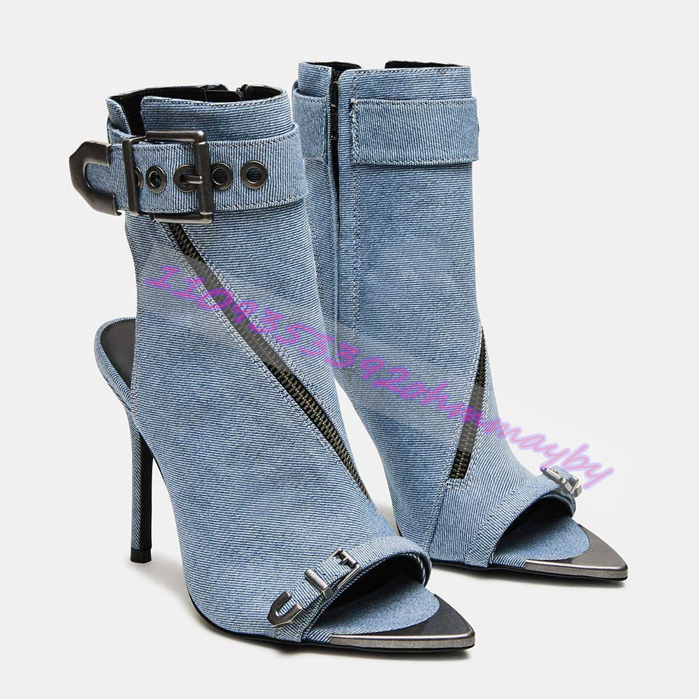 여름 블루 데님 포인티드 토 부츠 여성용 오픈 토 가죽 - Women'S Fashion Belts 리뷰 및 가격