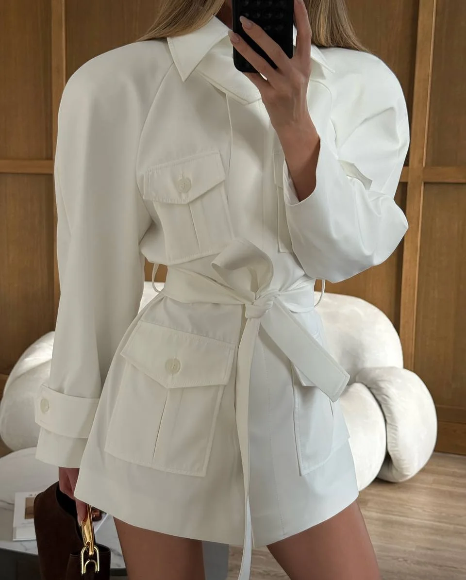솔리드 화이트 칼라 타이드 재킷 긴소매 포켓 슬림핏 여 - Women'S Fashion Utility Belt 리뷰 및 가격