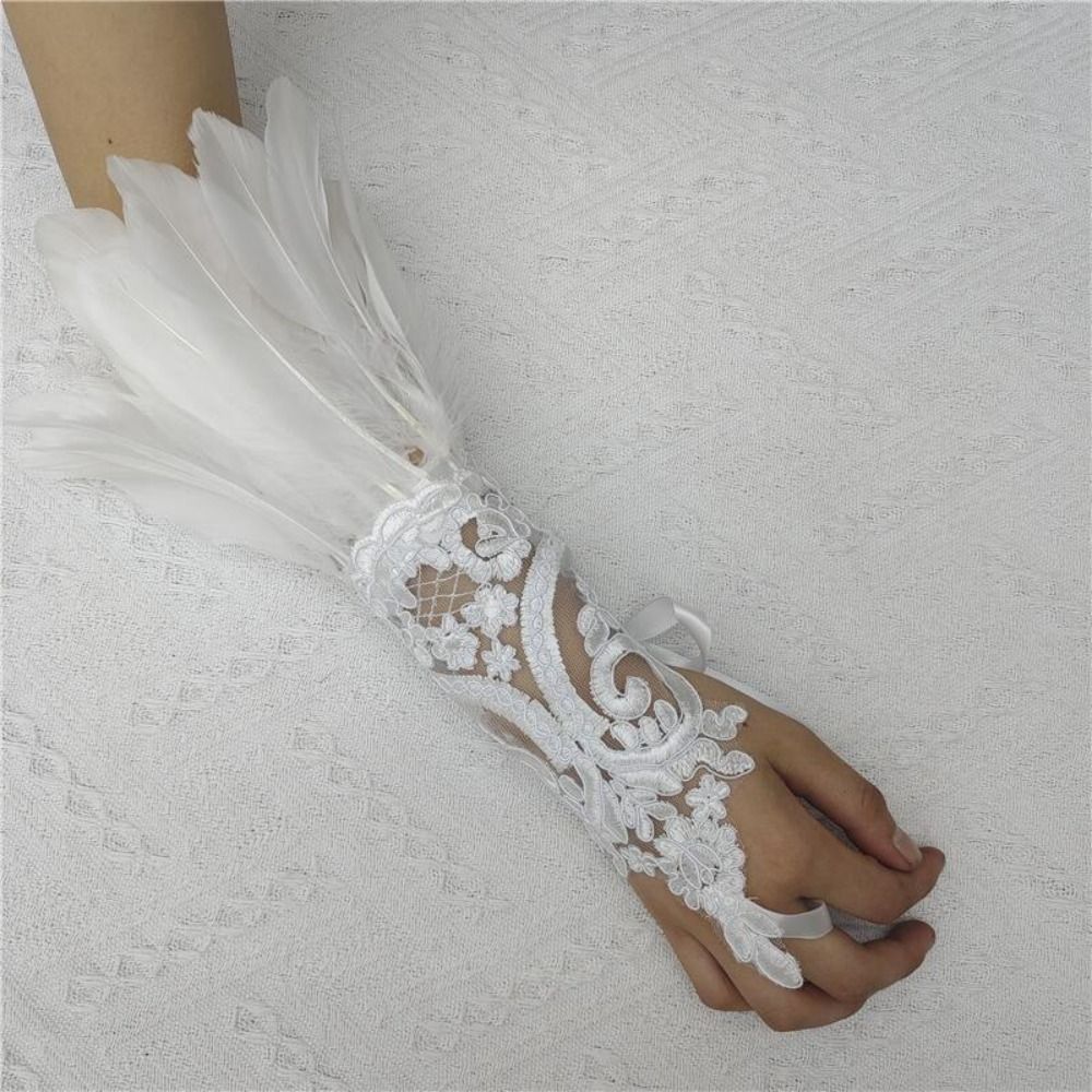 1개 패션 액세서리 레이스 깃털 롱 글러브 자수 화이트 - Women Fashion Gloves 리뷰 및 가격