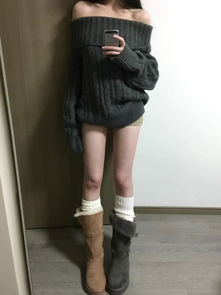 프렌치 디자인 그레이 오프숄더 니트 스웨터 여성 오버사 - Women'S Fashion Designer Clothes 리뷰 및 가격