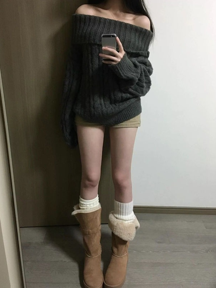 프렌치 디자인 그레이 오프숄더 니트 스웨터 여성 오버사 - Women'S Fashion Designer Clothes 리뷰 및 가격
