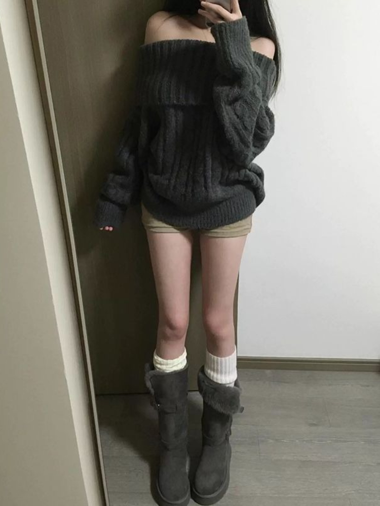 프렌치 디자인 그레이 오프숄더 니트 스웨터 여성 오버사 - Women'S Fashion Designer Clothes 리뷰 및 가격